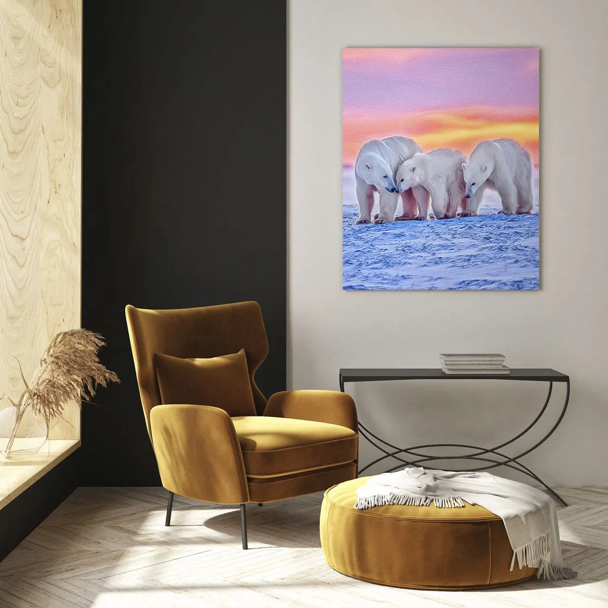 Quadro su vetro - Tre orsi polari su uno sfondo innevato al tramonto - 50x70cm - Basta il calore della famiglia - Decorazione murale moderna per soggiorno e camera da letto ARTTOR