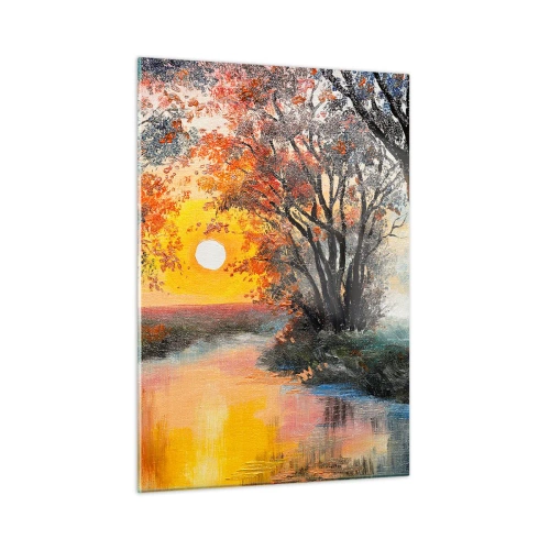 Quadro su vetro - Tramonto sul fiume tra gli alberi - 50x70cm - Atmosfera autunnale - Decorazione murale moderna per soggiorno e camera da letto ARTTOR