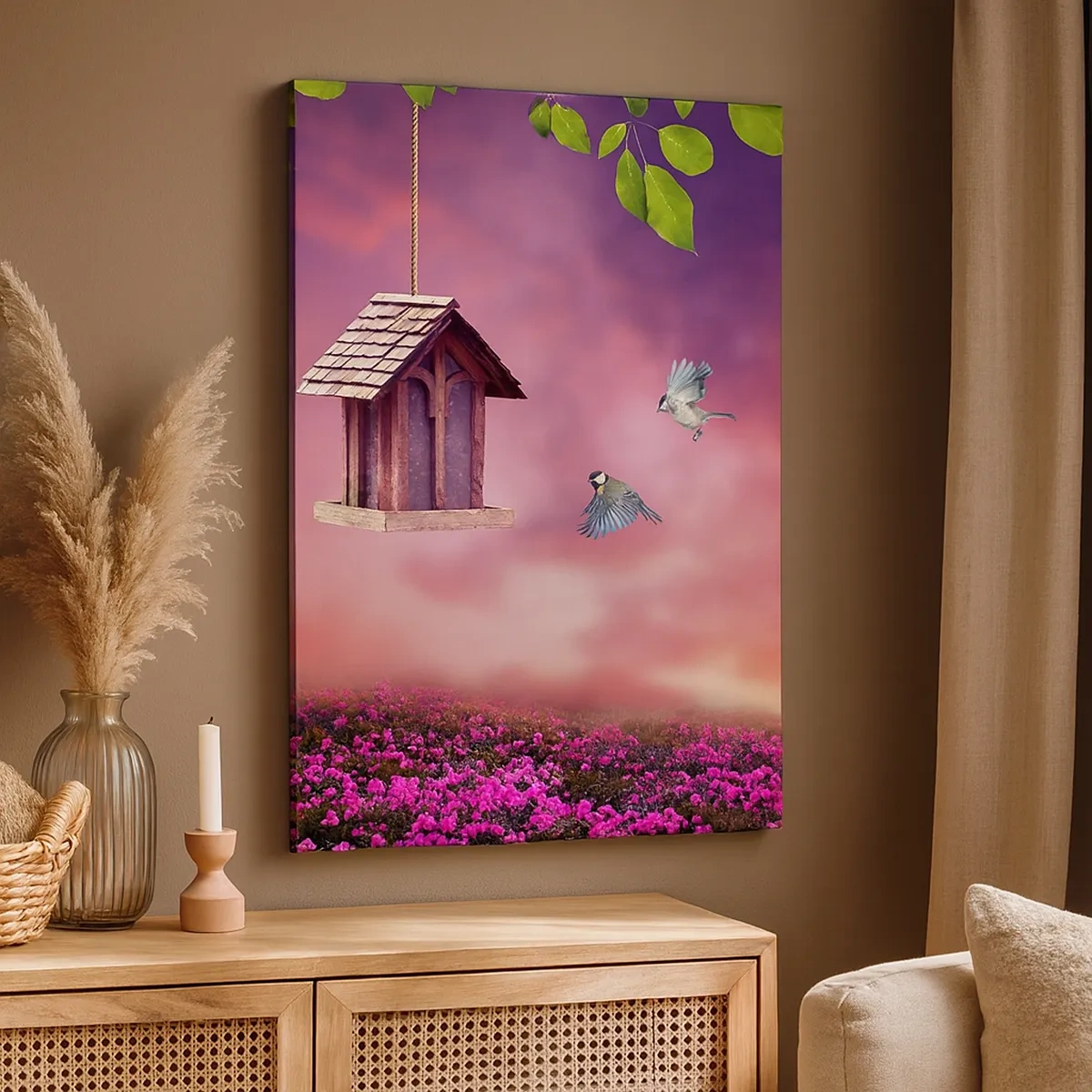 Quadro su tela - Stampe su Tela - Un paesaggio pittoresco con una casetta per gli uccelli e un tramonto - 50x70cm - Invito a cena - Decorazione murale moderna per soggiorno e camera da letto ARTTOR