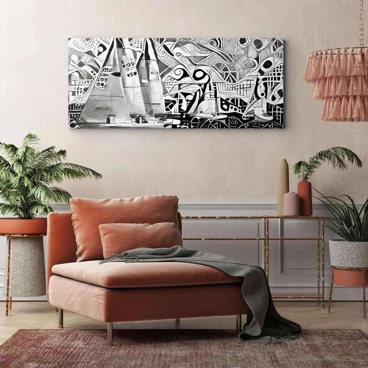Quadro su tela - Stampe su Tela - Barche a vela astratte in una composizione monocromatica - 120x50cm - Tra le onde - Decorazione murale moderna per soggiorno e camera da letto ARTTOR