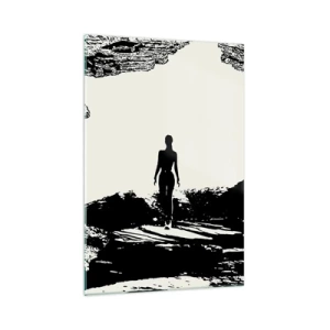 Quadro su vetro - Silhouette in bianco e nero di una donna in una grotta contro il cielo - 70x100cm - Un nuovo sguardo - Decorazione murale moderna per soggiorno e camera da letto ARTTOR