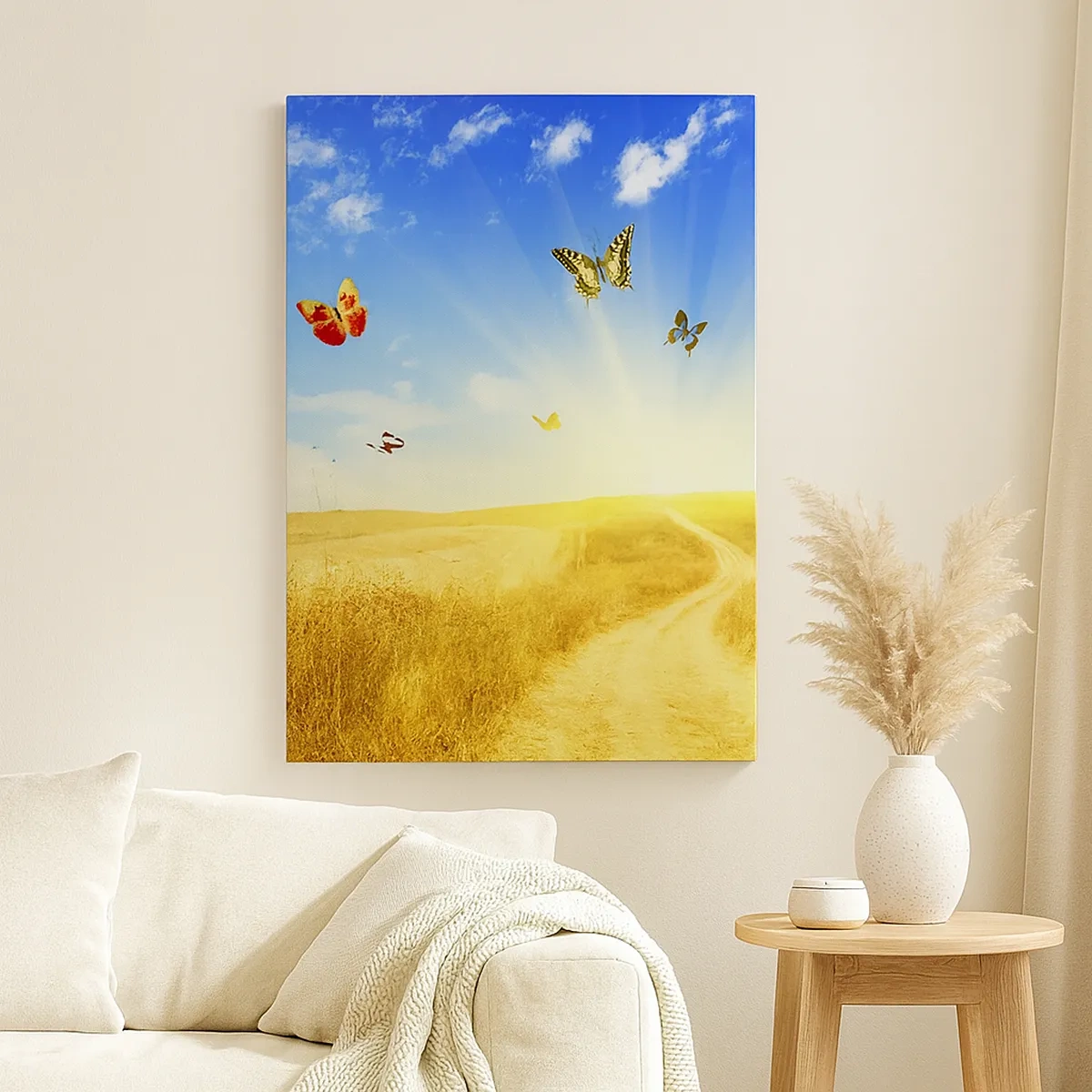 Quadro su tela - Stampe su Tela - Un campo dorato, un sentiero e farfalle contro un cielo azzurro - 50x70cm - Come non amare l'estate? - Decorazione murale moderna per soggiorno e camera da letto ARTTOR