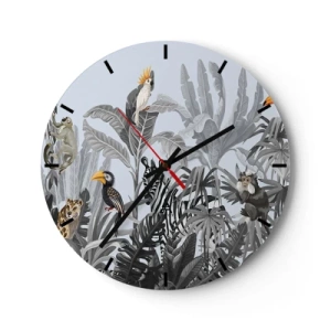 Orologio da parete - Orologio in Vetro - Piante tropicali con animali esotici su uno sfondo di giungla - 30x30cm - Favola africana - Decorazione murale moderna per soggiorno, cucina e camera da letto ARTTOR