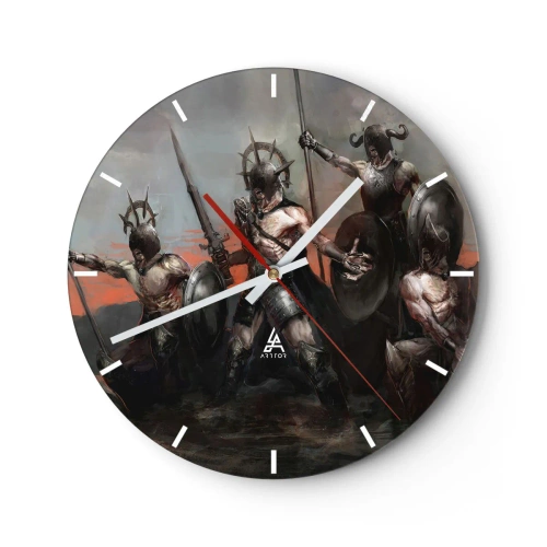Orologio da parete - Orologio in Vetro - Un gruppo di guerrieri in armatura con scudi e lance in una scena dinamica - 30x30cm - Con lo scudo o sullo scudo - Decorazione murale moderna per soggiorno, cucina e camera da letto ARTTOR