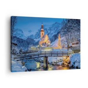 Quadro su tela - Stampe su Tela - Paesaggio invernale con una chiesa, un ponte e montagne al tramonto - 70x50cm - Lo spirito di Natale - Decorazione murale moderna per soggiorno e camera da letto ARTTOR