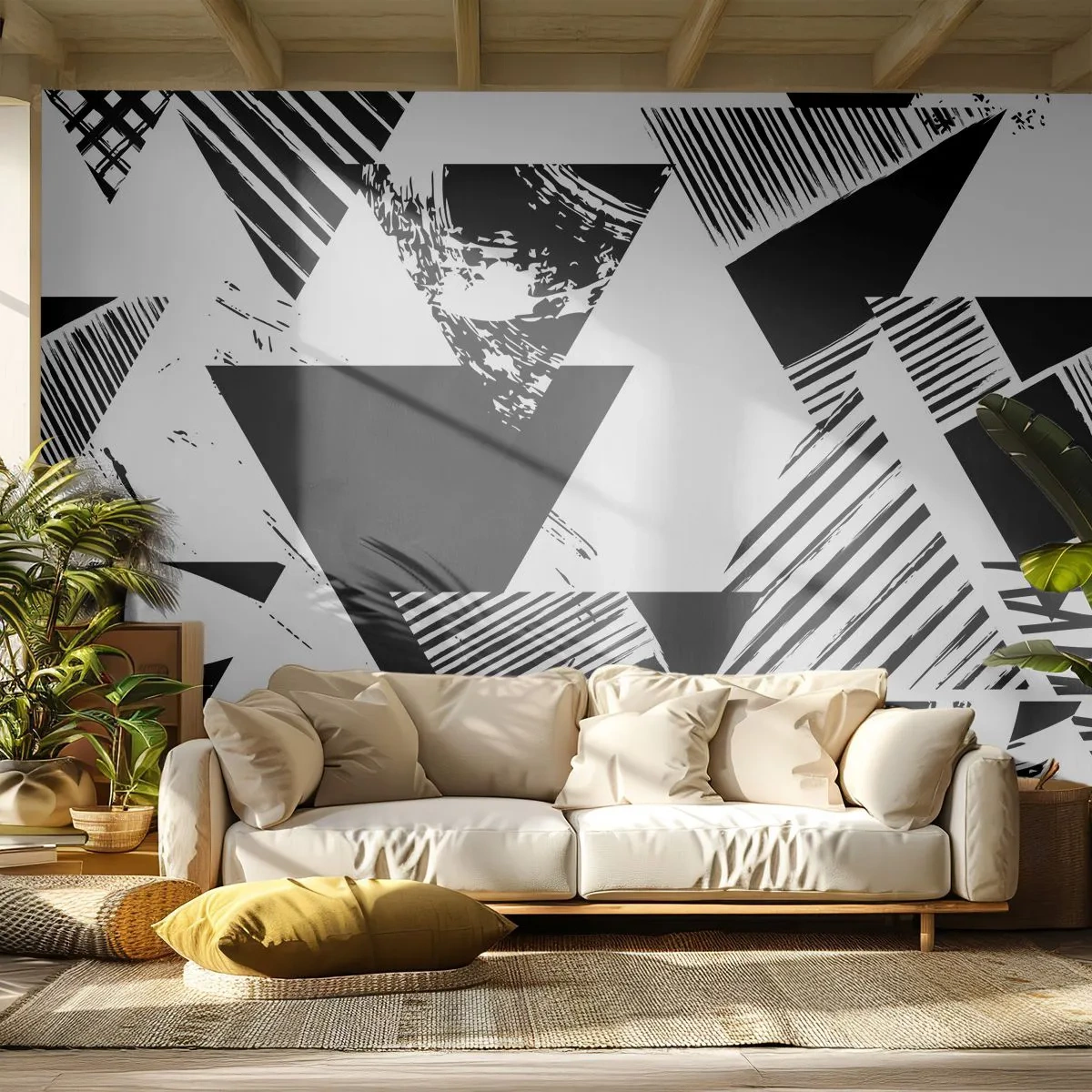 Fotomurali Standard Eco - Motivi geometrici astratti in bianco e nero con triangoli - 100x70cm - Pioggia di triangoli - Decorazione murale moderna per soggiorno e camera da letto ARTTOR