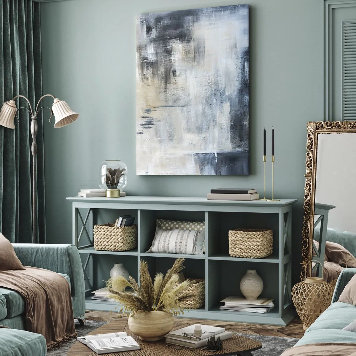 Quadro su tela - Stampe su Tela - Composizione astratta nei toni del blu e del grigio - 50x70cm - Coperti dal blu - Decorazione murale moderna per soggiorno e camera da letto ARTTOR