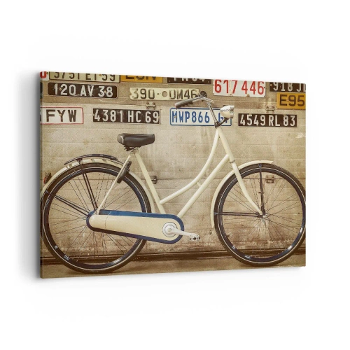 Quadro su tela - Stampe su Tela - Una bicicletta retrò contro un muro decorato con targhe - 100x70cm - Senza complessi - Decorazione murale moderna per soggiorno e camera da letto ARTTOR