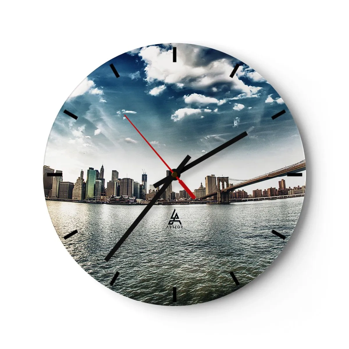 Orologio da parete - Orologio in Vetro - Panorama della città con un ponte e l'acqua sullo sfondo - 30x30cm - L'isola di vetro - Decorazione murale moderna per soggiorno, cucina e camera da letto ARTTOR