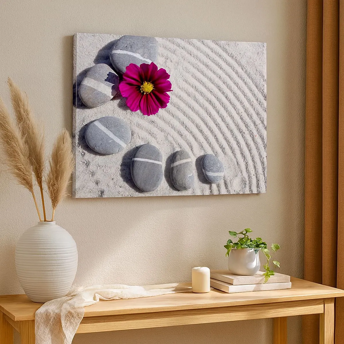 Quadro su tela - Stampe su Tela - Pietre e un fiore rosa sulla sabbia in stile zen - 70x50cm - Energia e pace nel cerchio magico della natura - Decorazione murale moderna per soggiorno e camera da letto ARTTOR