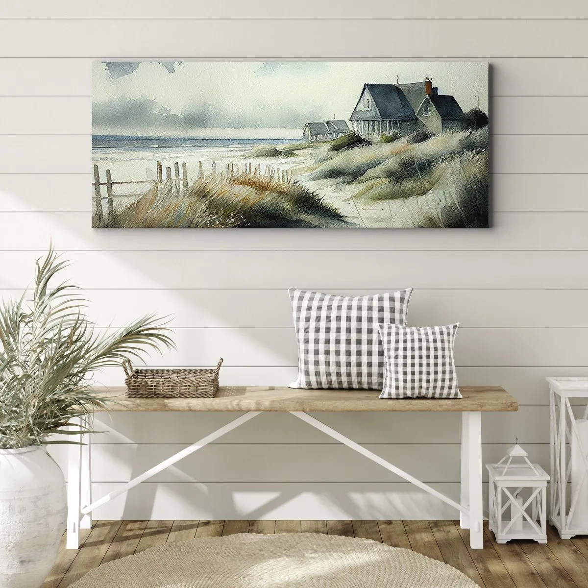 Quadro su tela - Stampe su Tela - Una casa al mare circondata dal prato e con vista sul mare - 160x50cm - Lontano dal caos - Decorazione murale moderna per soggiorno e camera da letto ARTTOR