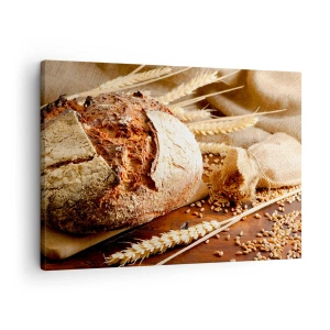 Quadro su tela - Stampe su Tela - Pane croccante con cereali e spighe di grano su fondo in legno - 70x50cm - Appetitoso, profumato, croccante - Decorazione murale moderna per soggiorno e camera da letto ARTTOR