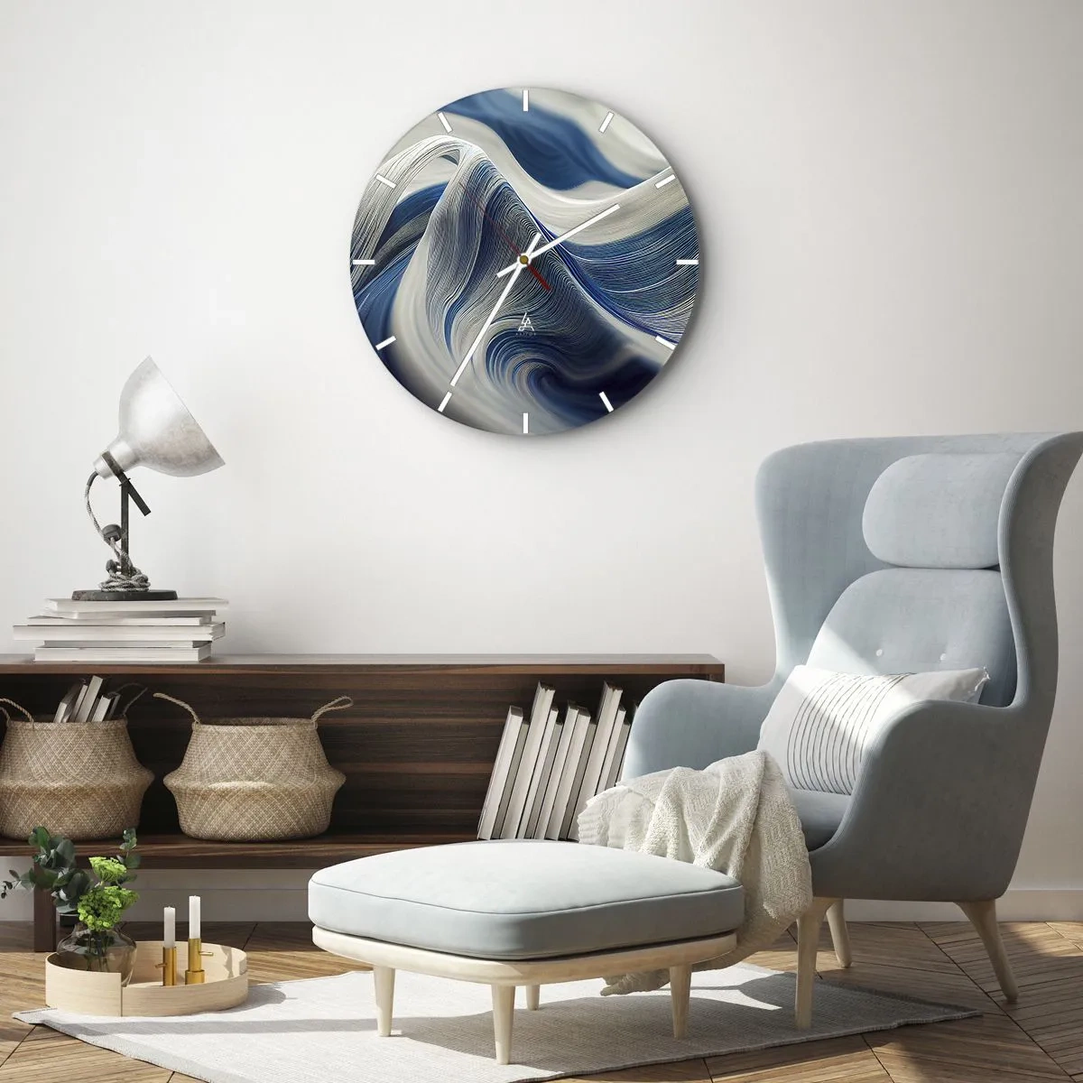 Orologio da parete - Orologio in Vetro - Vortici dinamici nelle tonalità del blu e del bianco con una disposizione ondulata - 30x30cm - Fluidità di blu e di bianco - Decorazione murale moderna per soggiorno, cucina e camera da letto ARTTOR