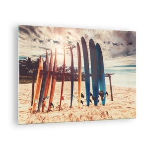 Quadro su vetro - Tavole da surf colorate allineate sulla spiaggia al tramonto - 70x50cm - Buonanotte, a domani - Decorazione murale moderna per soggiorno e camera da letto ARTTOR