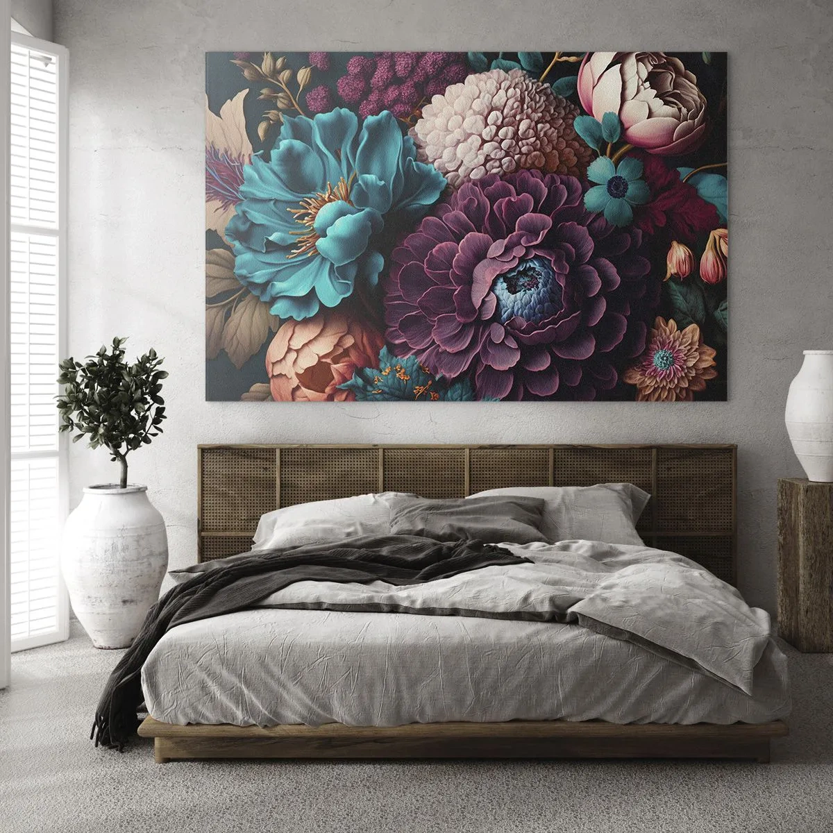 Quadro su vetro - Una ricca composizione di fiori dai colori intensi - 70x50cm - Ricchezza della natura - Decorazione murale moderna per soggiorno e camera da letto ARTTOR