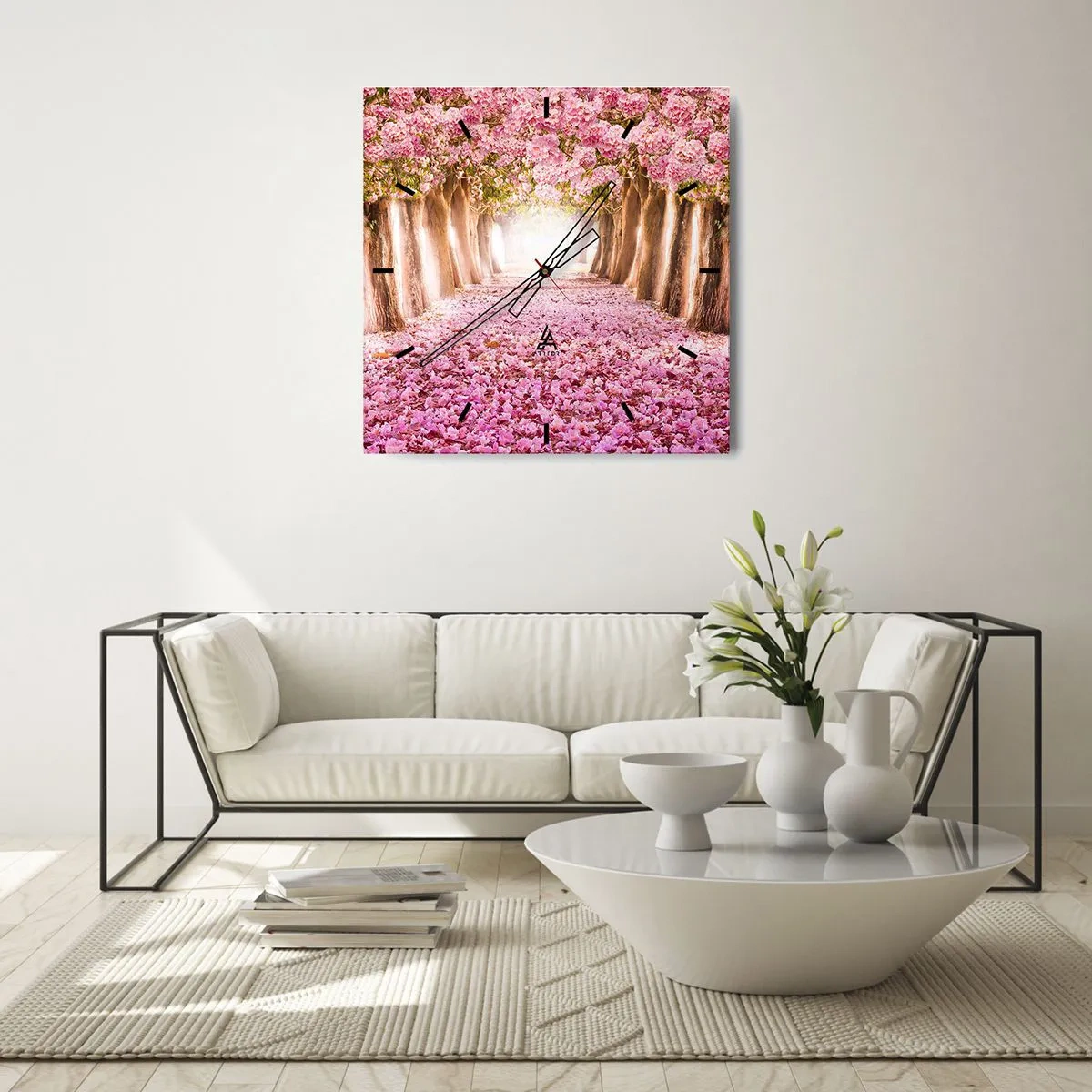 Orologio da parete - Orologio in Vetro - Un viale di alberi in fiore nelle sfumature del rosa - 30x30cm - La strada verso il paradiso - Decorazione murale moderna per soggiorno e camera da letto ARTTOR