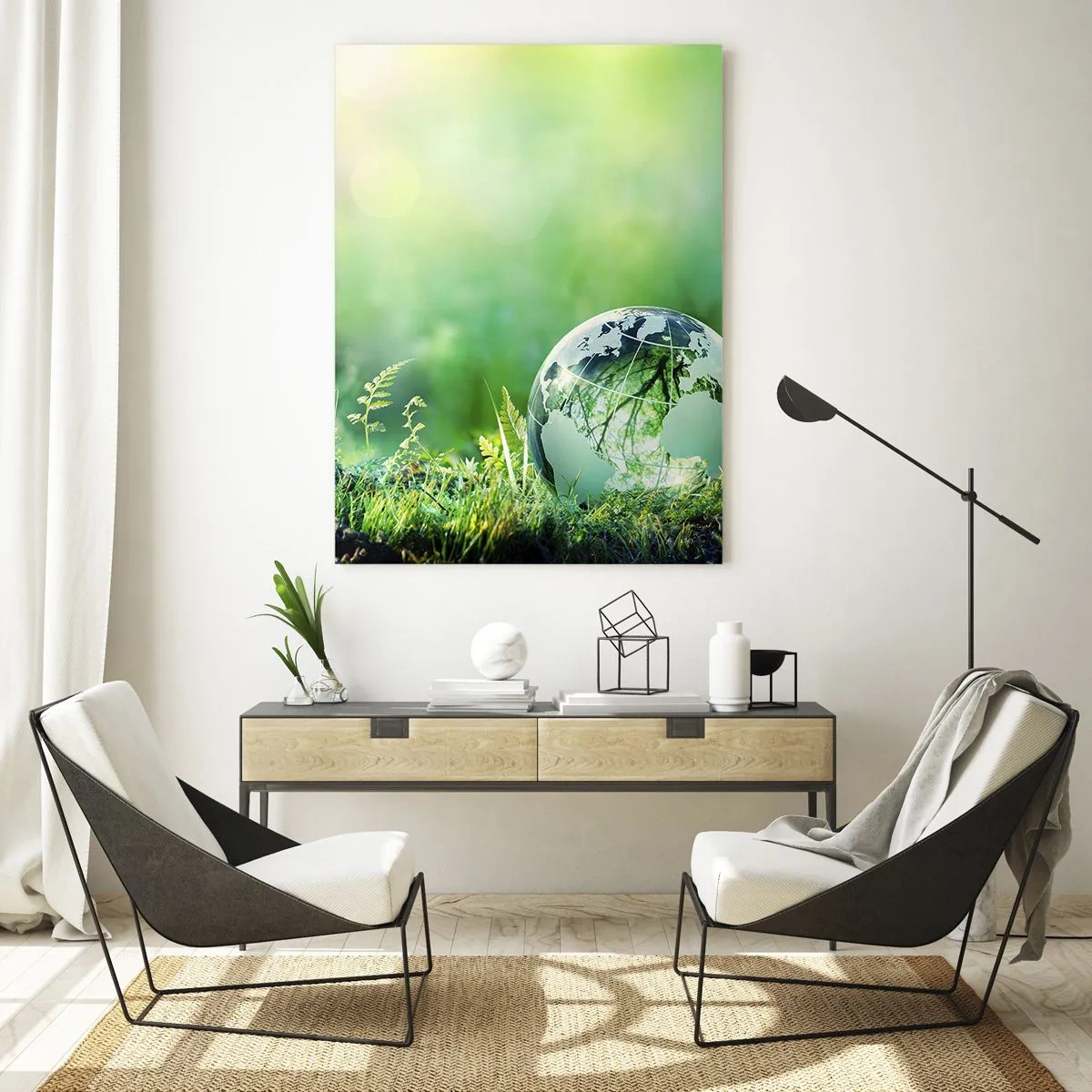 Quadro su vetro - Un globo di cristallo tra il verde della natura - 70x100cm - Pianeta verde - Decorazione murale moderna per soggiorno e camera da letto ARTTOR