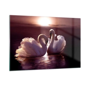 Quadro su vetro - Due cigni sull'acqua alla luce del sole al tramonto - 120x80cm - Finché la morte non ci separi - Decorazione murale moderna per soggiorno e camera da letto ARTTOR