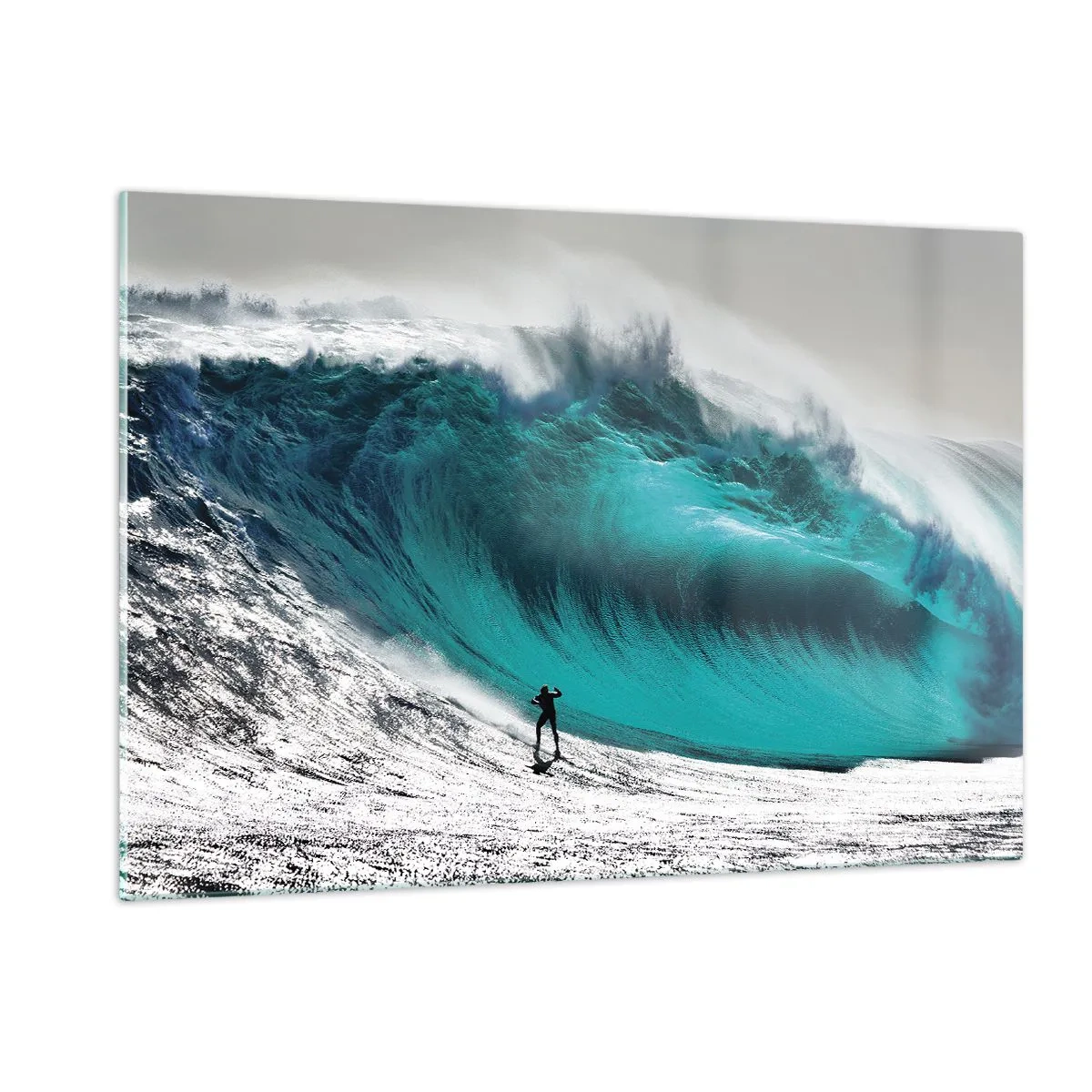 Quadro su vetro - Un surfista di fronte a un'onda enorme - 120x80cm - Sfida accettata - Decorazione murale moderna per soggiorno e camera da letto ARTTOR