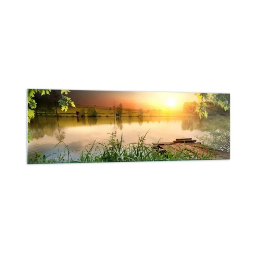Quadro su vetro - Paesaggio verde con un lago al tramonto - 160x50cm - Paesaggio incorniciato di verde - Decorazione murale moderna per soggiorno e camera da letto ARTTOR
