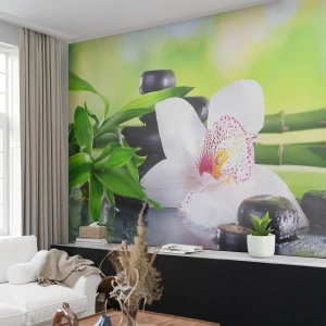 Fotomurali Premium Sand - Una composizione di bambù, orchidee e pietre sull'acqua - 100x70cm - Freschezza rinfrescante - Decorazione murale moderna per soggiorno e camera da letto ARTTOR
