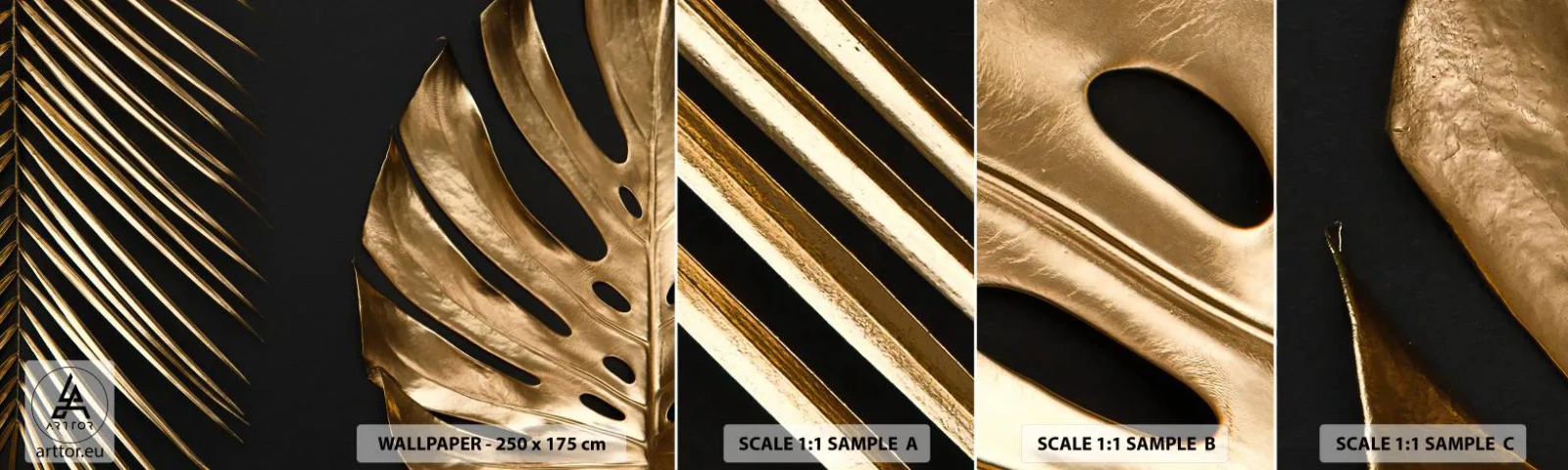 Campione Di Fotomurale Standard Eco - Diverse, ma ugualmente care - Foglia di palma, Foglia di Monstera, Astrazione - 100x30 cm