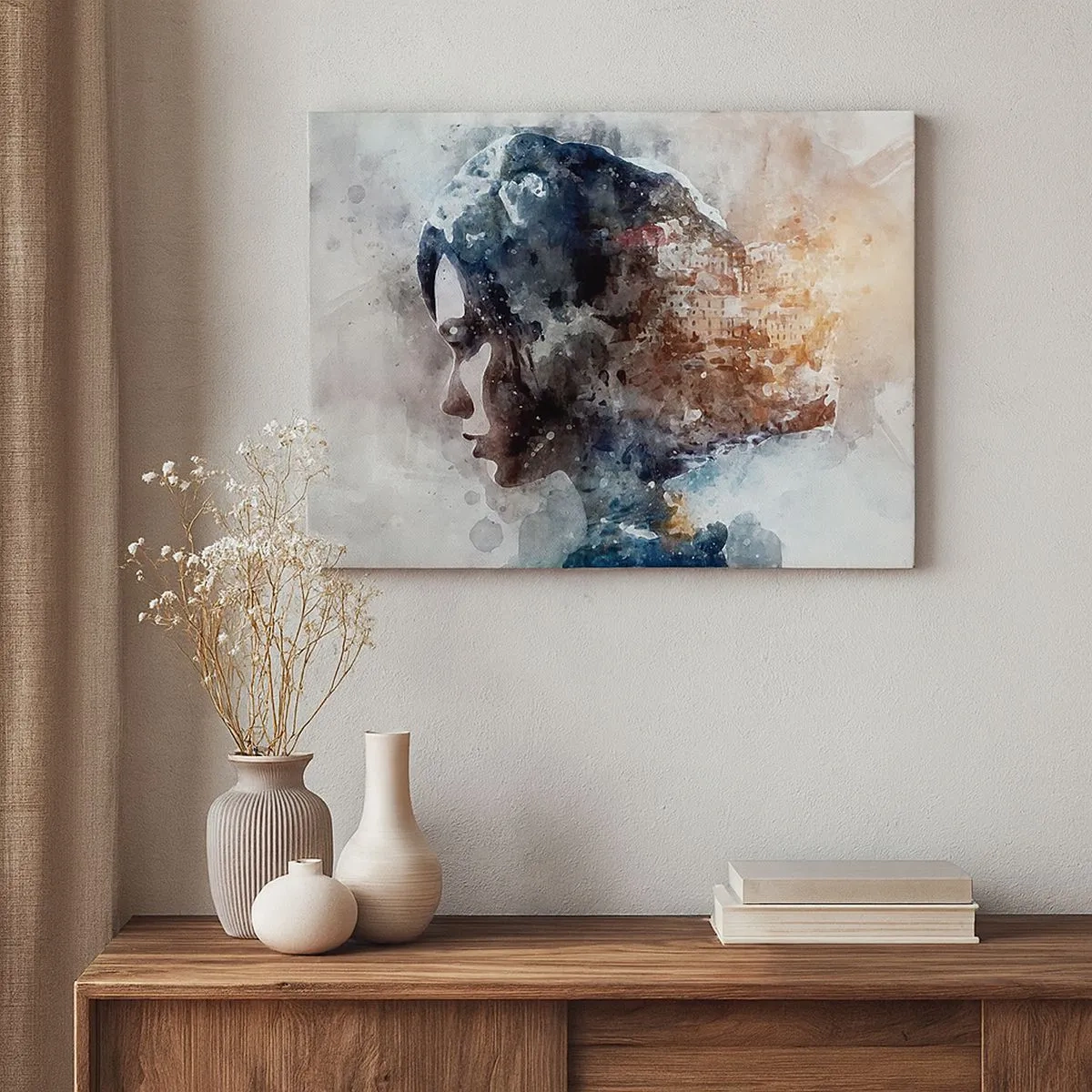 Quadro su tela - Stampe su Tela - Ritratto di una donna che combina il suo viso con un paesaggio urbano sullo sfondo - 70x50cm - Racconto su una ragazza con città sullo sfondo - Decorazione murale moderna per soggiorno e camera da letto ARTTOR