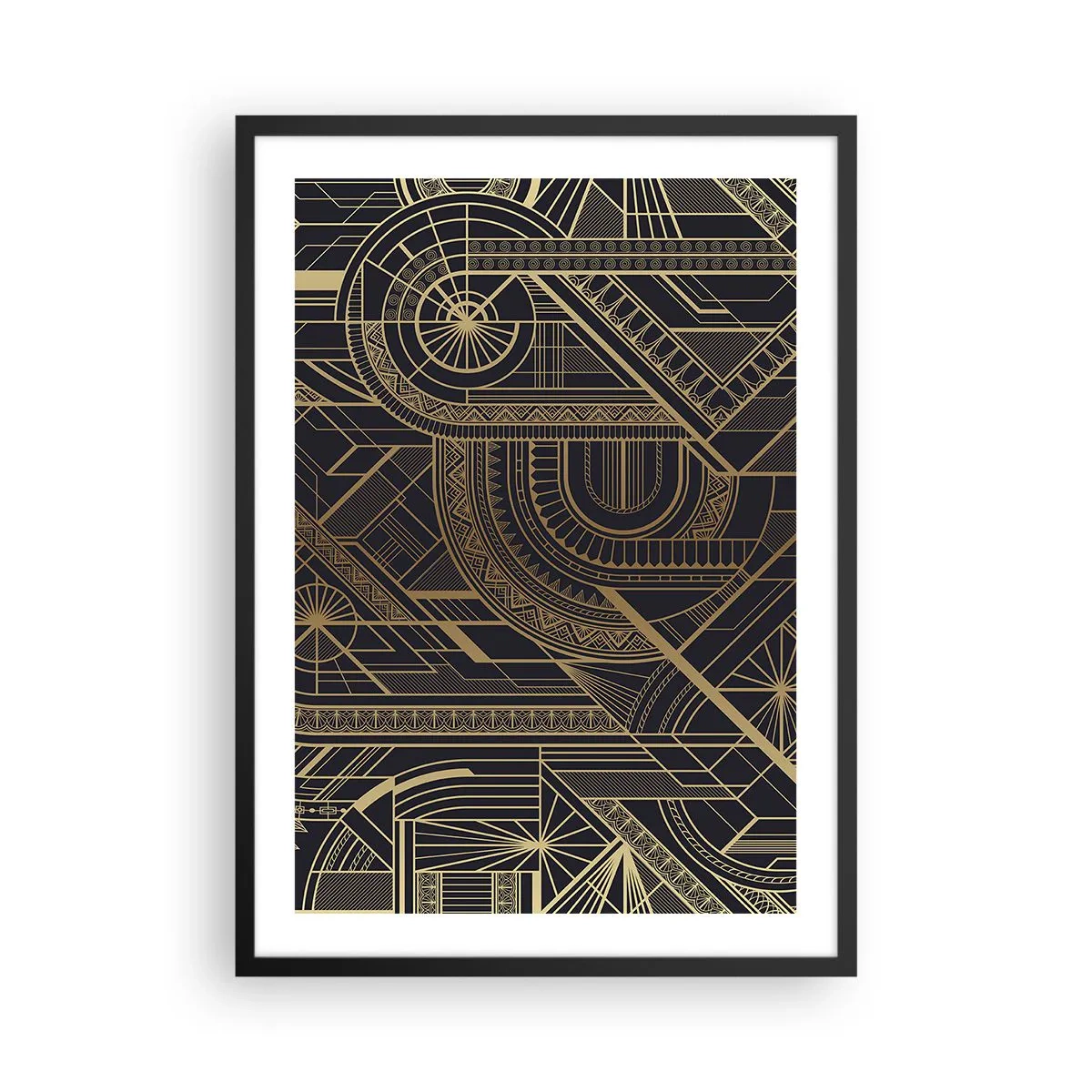 Poster in cornice nera - Motivo geometrico in tonalità dorate su sfondo nero - 50x70cm - Concetti, idee, progetti - Decorazione murale moderna per soggiorno e camera da letto ARTTOR