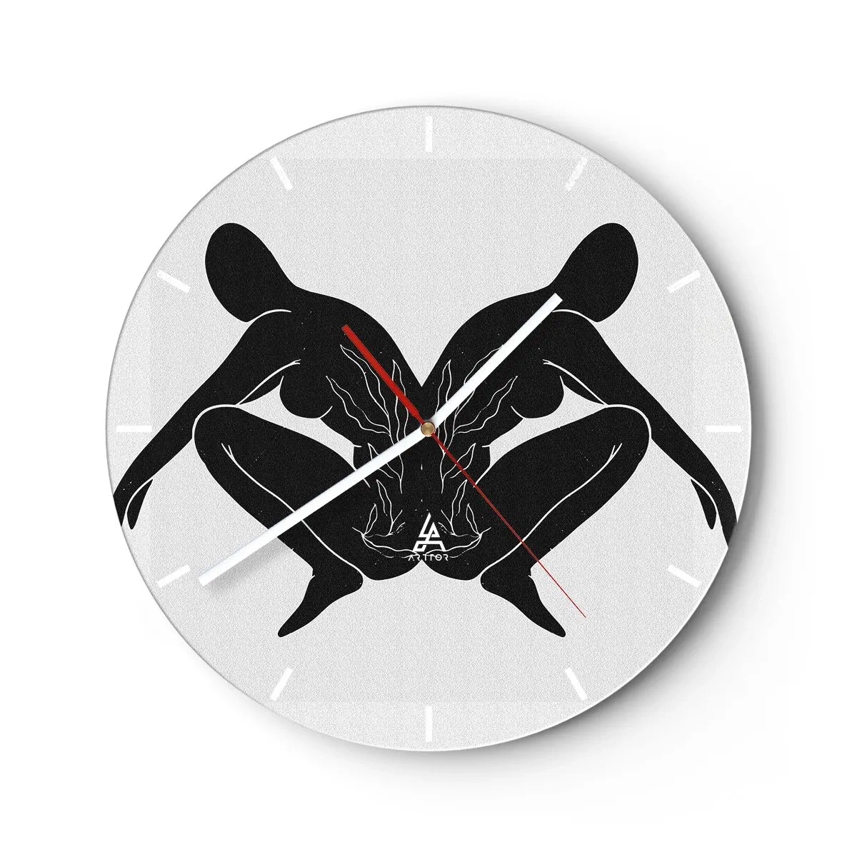 Orologio da parete - Orologio in Vetro - Figure simmetriche in nero che formano un cuore con il fuoco al centro su uno sfondo chiaro. - 30x30cm - Anima comune - Decorazione murale moderna per soggiorno, cucina e camera da letto ARTTOR