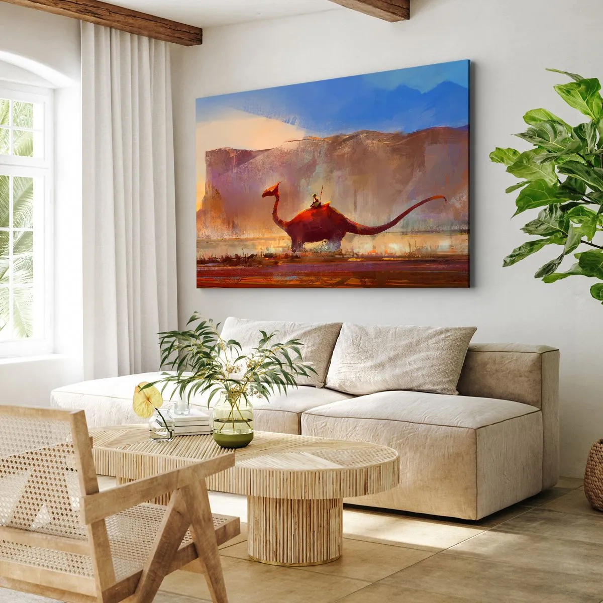 Quadro su tela - Stampe su Tela - Una scena fantasy con un cavaliere su una creatura preistorica - 100x70cm - Se non si fossero estinti - Decorazione murale moderna per soggiorno e camera da letto ARTTOR