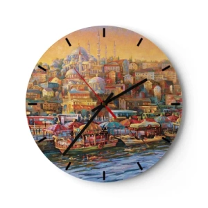 Orologio da parete - Orologio in Vetro - Un panorama colorato del porto con architettura orientale - 30x30cm - Racconto da Istanbul - Decorazione murale moderna per soggiorno, cucina e camera da letto ARTTOR