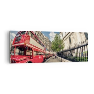 Quadro su tela - Stampe su Tela - Autobus rosso a due piani a Londra vicino alla strada e alla cattedrale - 140x50cm - Via di Londra in grigio e rosso - Decorazione murale moderna per soggiorno e camera da letto ARTTOR