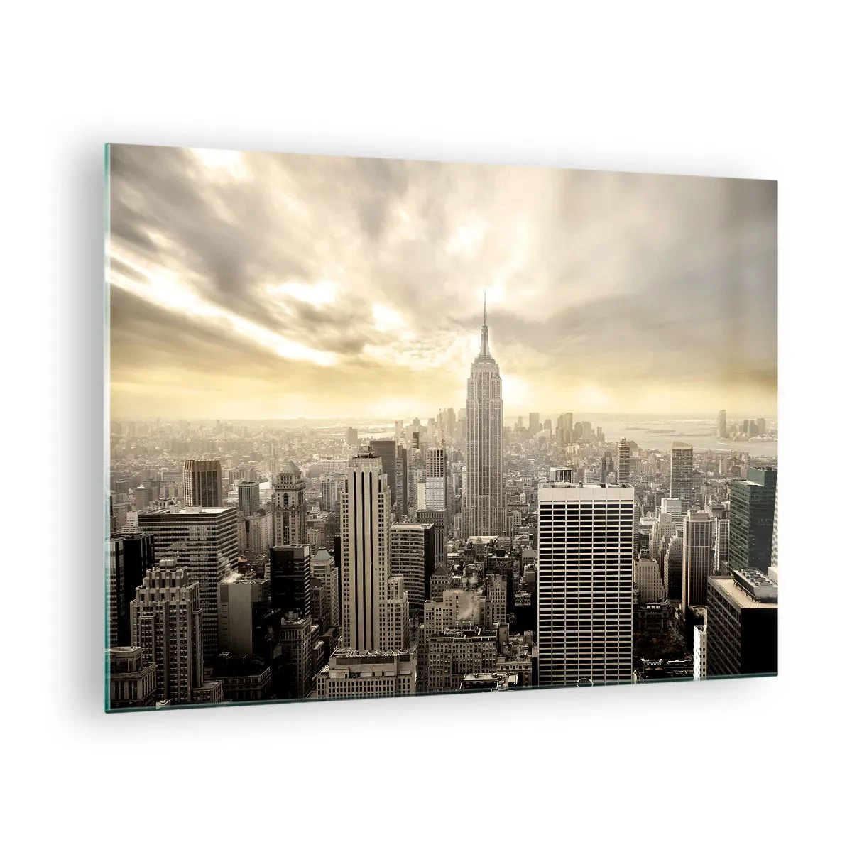 Quadro su vetro - Panorama della città con grattacieli e l'Empire State Building - 70x50cm - New York in grigio - Decorazione murale moderna per soggiorno e camera da letto ARTTOR