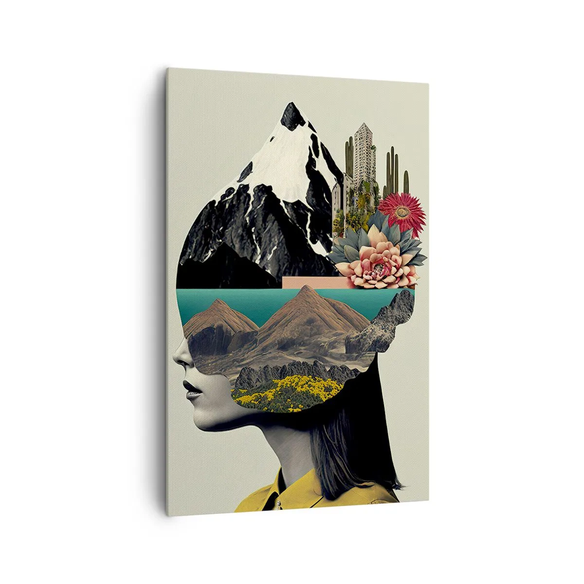 Quadro su tela - Stampe su Tela - Collage di una donna con un paesaggio montano e fiori - 80x120cm - La donna è sempre un mistero - Decorazione murale moderna per soggiorno e camera da letto ARTTOR