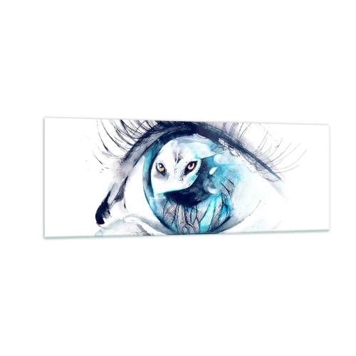 Quadro su vetro - Un occhio con l'immagine di un gufo in tonalità di blu acquerellate - 140x50cm - Faccia a faccia con la natura selvaggia - Decorazione murale moderna per soggiorno e camera da letto ARTTOR