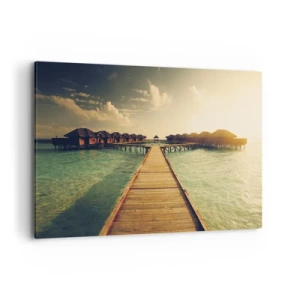 Quadro su tela - Stampe su Tela - Un molo di legno che conduce alle case sull'acqua, illuminate dai raggi del sole. - 120x80cm - Caldo invito - Decorazione murale moderna per soggiorno e camera da letto ARTTOR