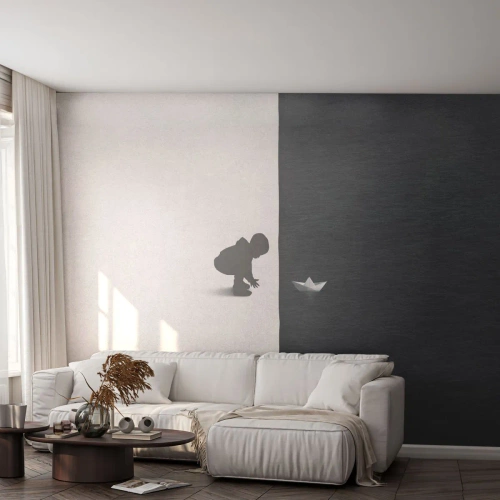 Fotomurali Premium Canvas - La figura di un bambino con una barchetta di carta su uno sfondo di metà contrastanti - 100x70cm - La grande spedizione - Decorazione murale moderna per soggiorno e camera da letto ARTTOR