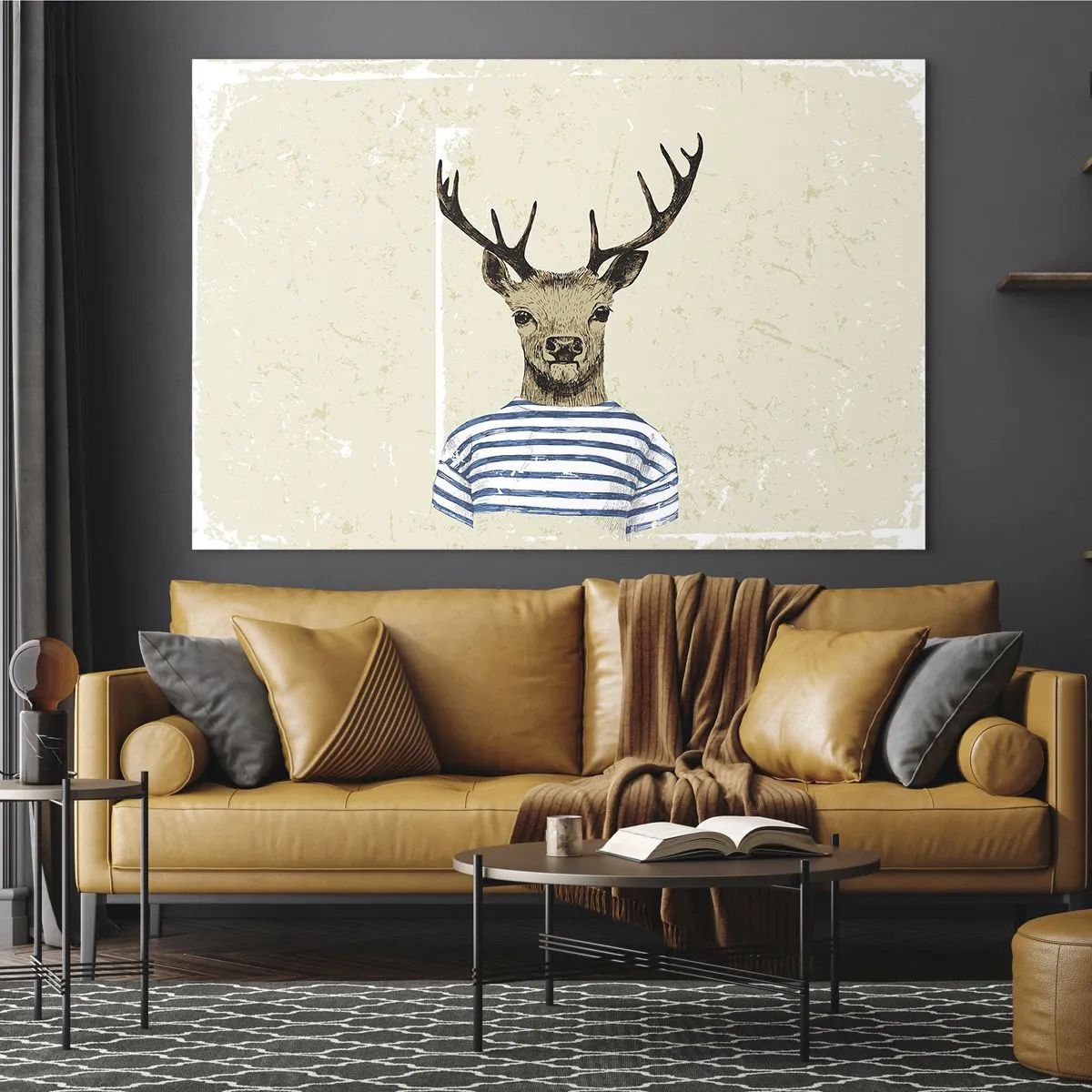 Quadro su vetro - Grafica di un cervo con una camicia da marinaio su uno sfondo chiaro - 120x80cm - Mi piacciono le camicie a righe! - Decorazione murale moderna per soggiorno e camera da letto ARTTOR