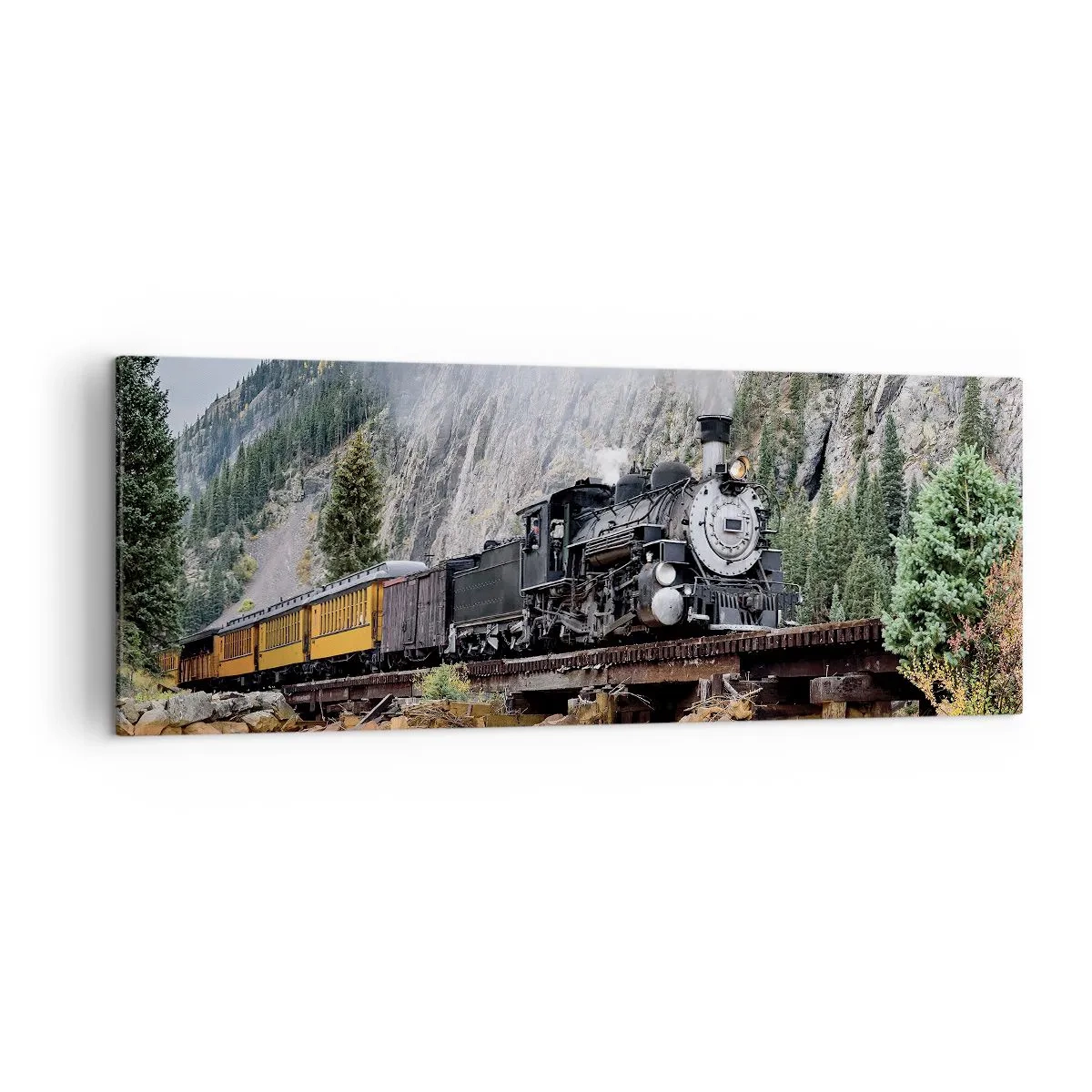 Quadro su tela - Stampe su Tela - Una locomotiva a vapore su un ponte in un pittoresco paesaggio montano - 140x50cm - Dove andiamo? - Decorazione murale moderna per soggiorno e camera da letto ARTTOR