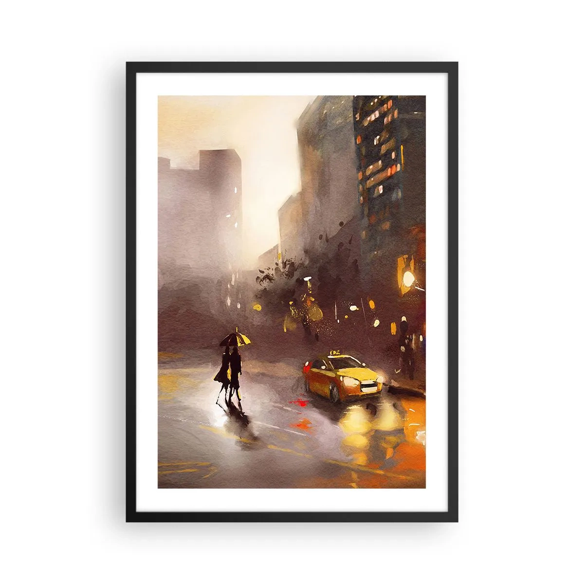 Poster in cornice nera - Un dipinto ad acquerello di una città notturna alla luce delle lanterne - 50x70cm - Nelle luci di New York - Decorazione murale moderna per soggiorno e camera da letto ARTTOR