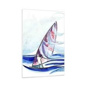 Quadro su vetro - Un surfista cavalca le onde in una composizione astratta ad acquerello - 80x120cm - Con il vento al ritmo delle onde - Decorazione murale moderna per soggiorno e camera da letto ARTTOR