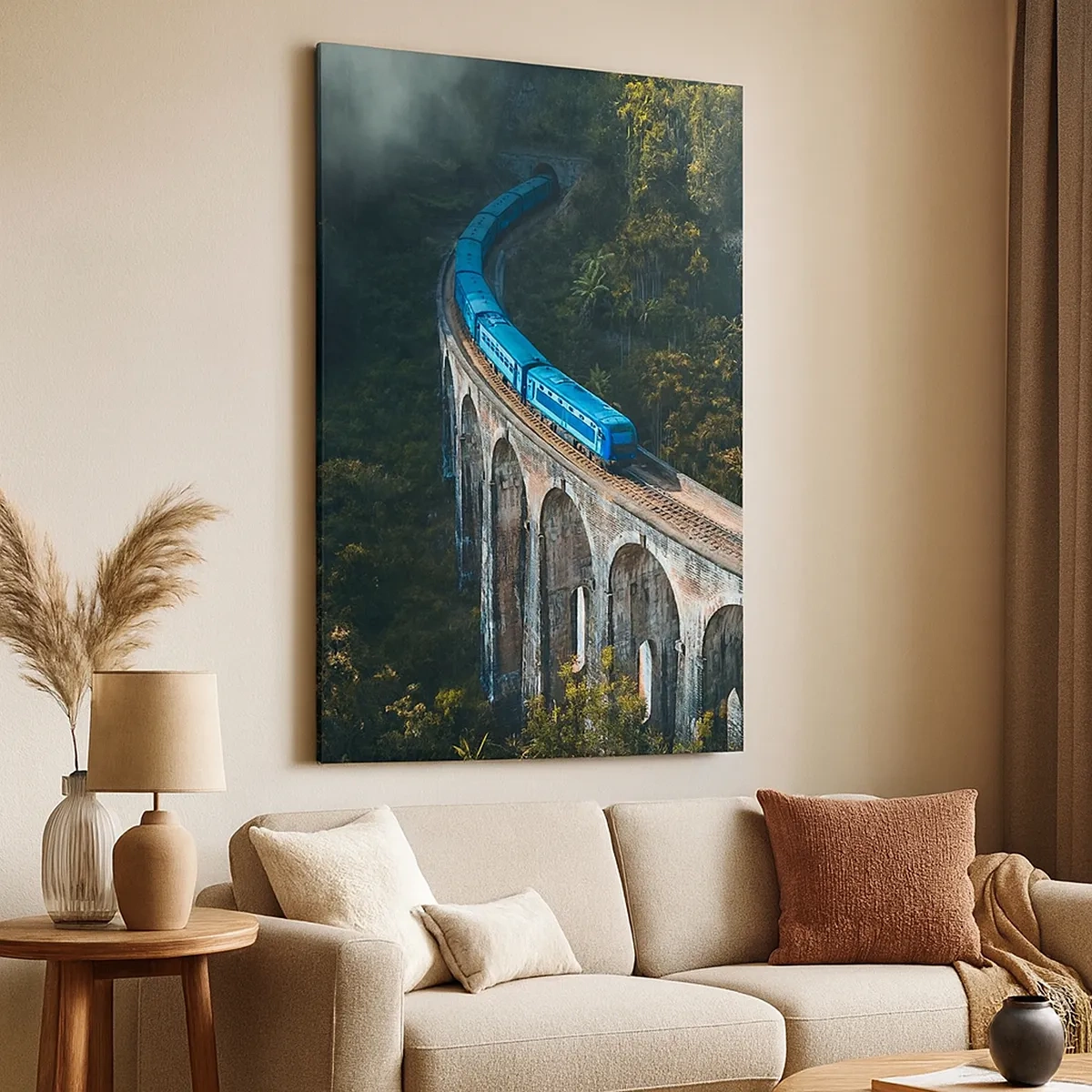 Quadro su tela - Stampe su Tela - Un treno blu su un viadotto storico tra le foreste - 50x70cm - Attrazione della natura - Decorazione murale moderna per soggiorno e camera da letto ARTTOR