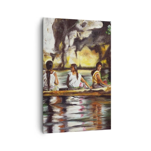 Quadro su tela - Stampe su Tela - Donne in barca su un fiume calmo con uno sfondo pittoresco - 80x120cm - Nel paradiso della Polinesia - Decorazione murale moderna per soggiorno e camera da letto ARTTOR