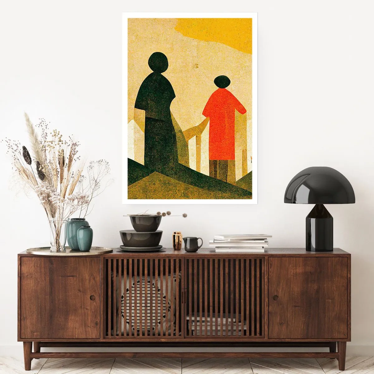 Poster - Silhouette geometriche di figure sullo sfondo di un paesaggio astratto - 50x70cm - La strada è ancora lunga - Decorazione murale moderna per soggiorno e camera da letto ARTTOR