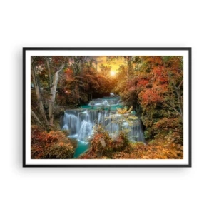 Poster in cornice nera - Cascata autunnale circondata da alberi colorati alla luce del sole - 100x70cm - Il tesoro nascosto nel bosco - Decorazione murale moderna per soggiorno e camera da letto ARTTOR
