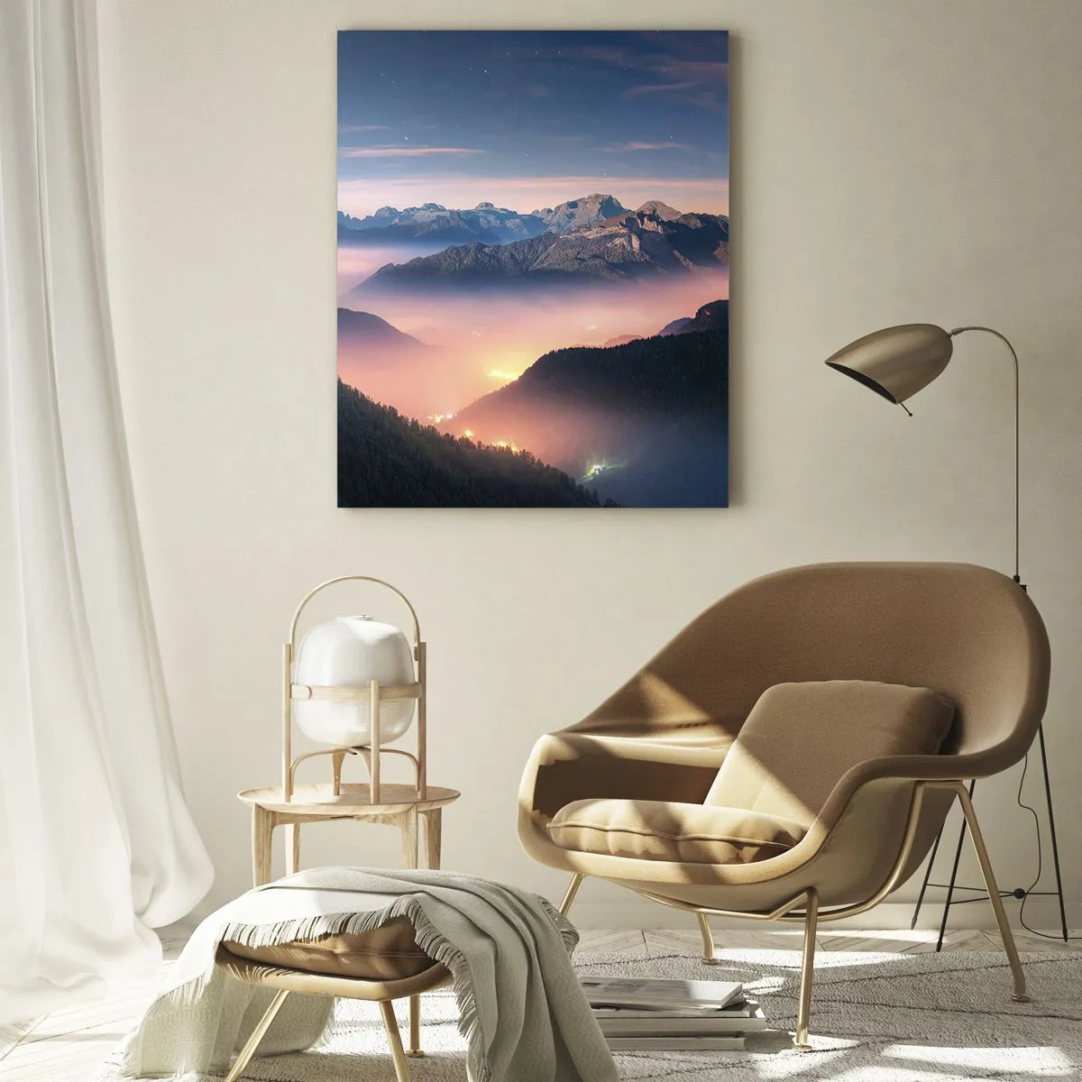 Quadro su vetro - Un paesaggio montano con una valle piena di nebbia - 80x120cm - La luce nelle valli - Decorazione murale moderna per soggiorno e camera da letto ARTTOR