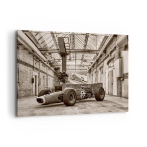 Quadro su tela - Stampe su Tela - Auto da corsa in bianco e nero in un interno industriale - 100x70cm - Il riposo del vincitore - Decorazione murale moderna per soggiorno e camera da letto ARTTOR