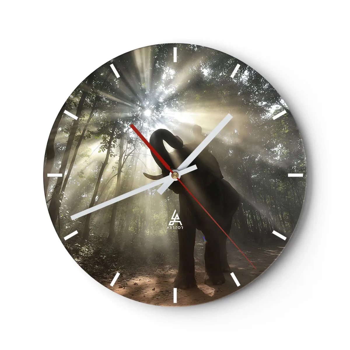 Orologio da parete - Orologio in Vetro - Un elefante nei raggi di luce che penetrano nella foresta - 30x30cm - Sotto una stella fortunata - Decorazione murale moderna per soggiorno, cucina e camera da letto ARTTOR