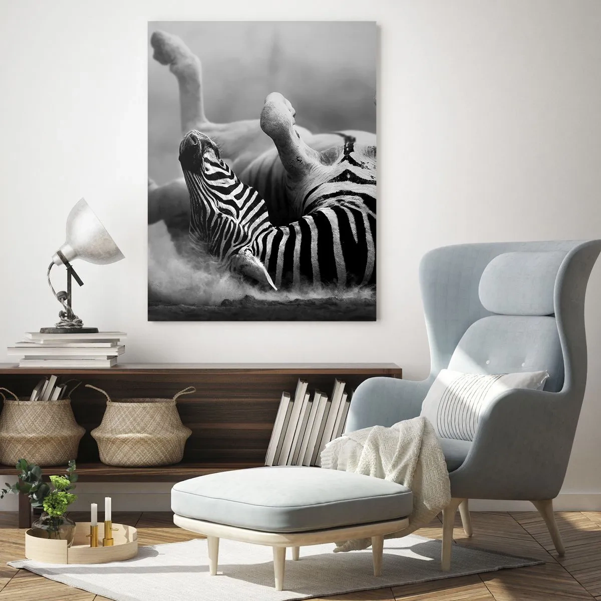 Quadro su vetro - Una zebra sdraiata nella savana africana - 50x70cm - Morire dal ridere - Decorazione murale moderna per soggiorno e camera da letto ARTTOR