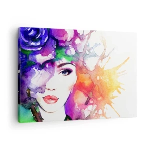 Quadro su tela - Stampe su Tela - Ritratto di una donna in colori acquerellati con macchie astratte - 70x50cm - Con la testa tra le nuvole - Decorazione murale moderna per soggiorno e camera da letto ARTTOR